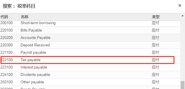  默认税率科目“Tax payable” 